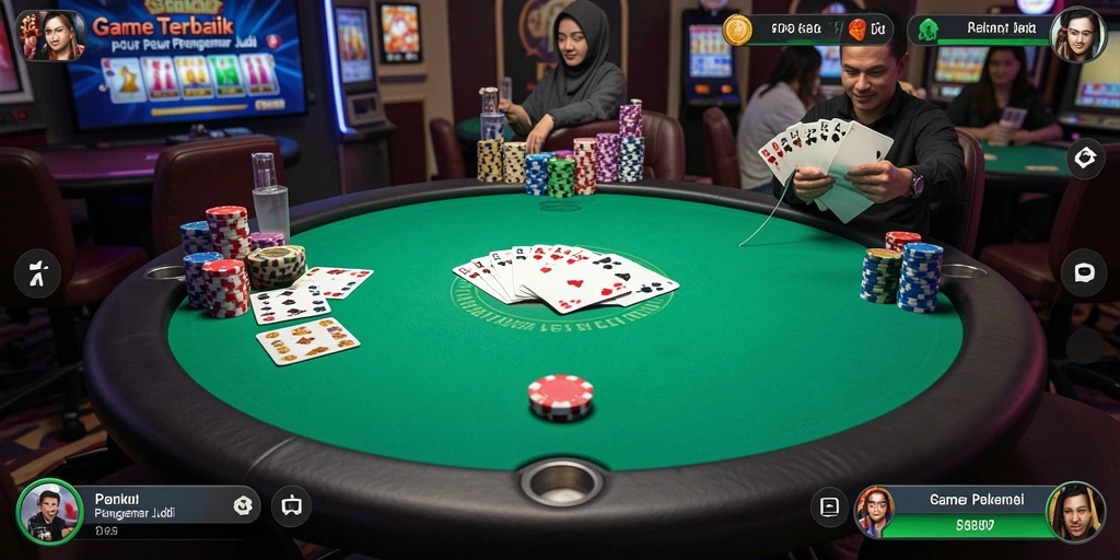 Tampilan gameplay F08 menampilkan suasana meja poker yang menegangkan.